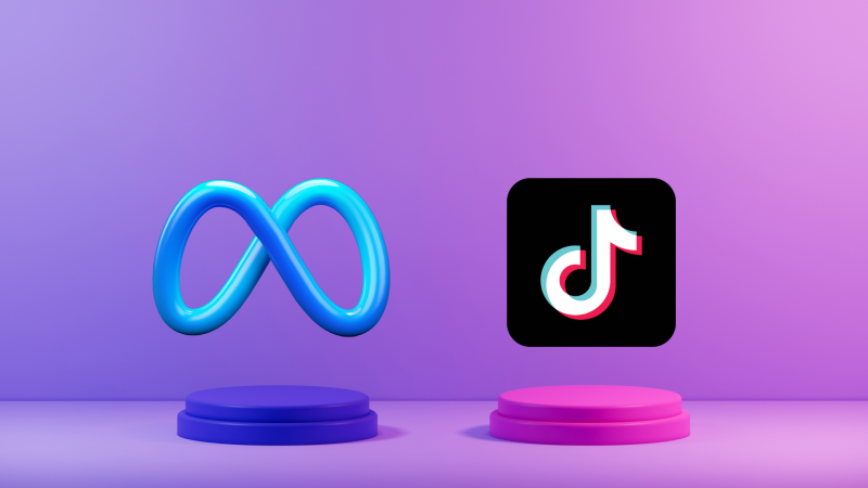 Meta and TikTok ad platforms on purple and pink display podiums